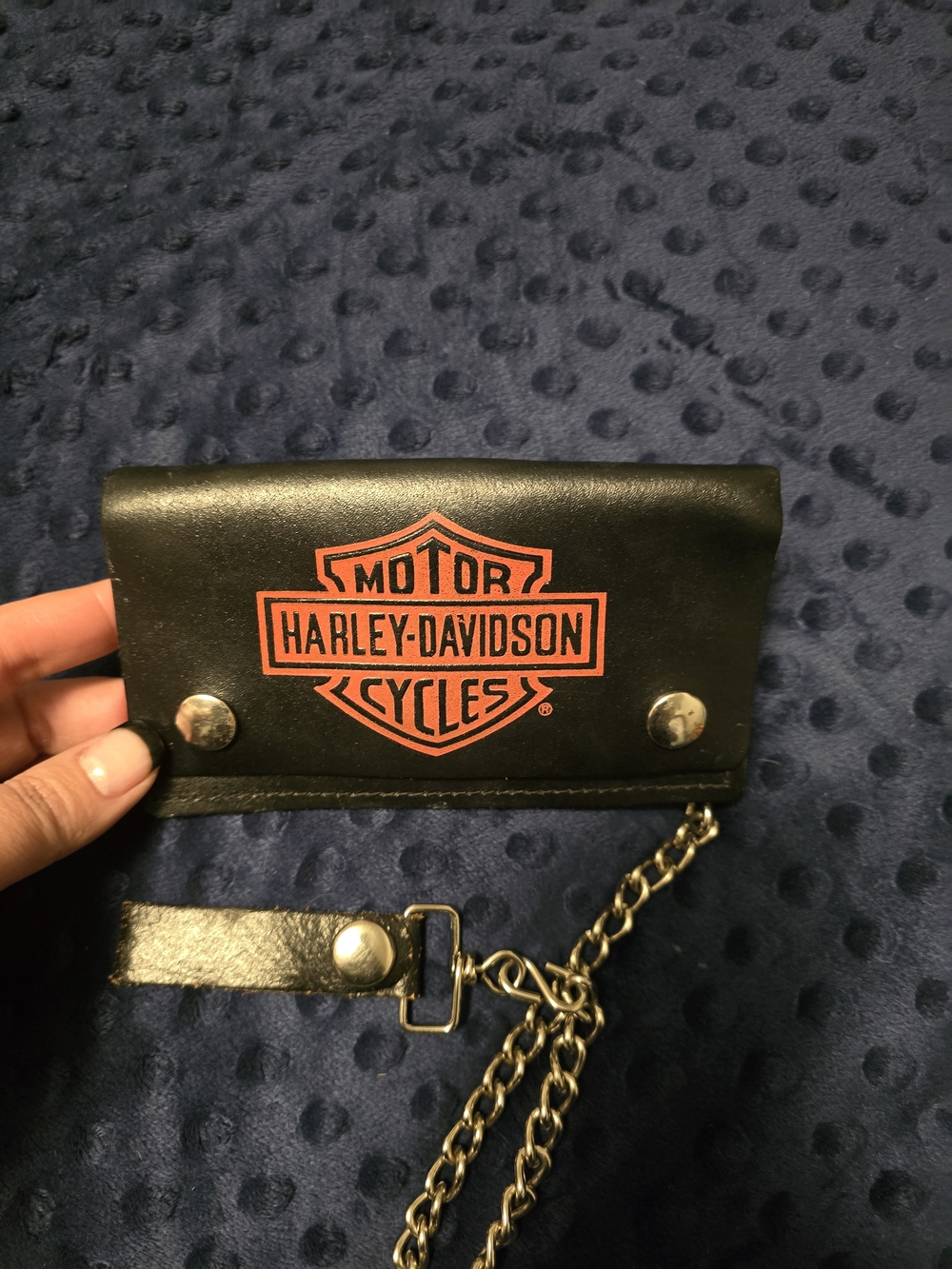 Harley-Davidson Black Leather Wallet with Orange Logo and Chain